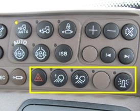 Beacon lights/hazard warning lights, work light 1 and 2 location on right-hand console