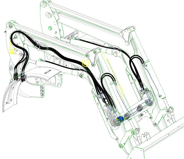 Concealed oil lines through boom arm (H-Series Loader is representative only)