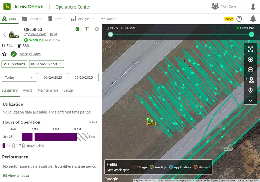 Operations Center map displaying past locations of a mower