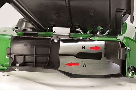 Rear baffle (A) must be removed for bagging with MulchControl with 42A mower decks