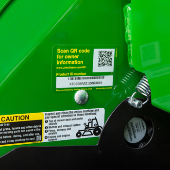 QR (quick response) code label on rear of mower